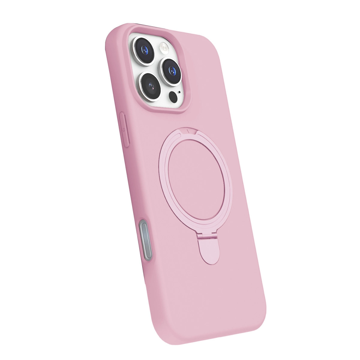 Halka tutuculu ve üçlü kamera sistemli pembe telefon kılıfı.