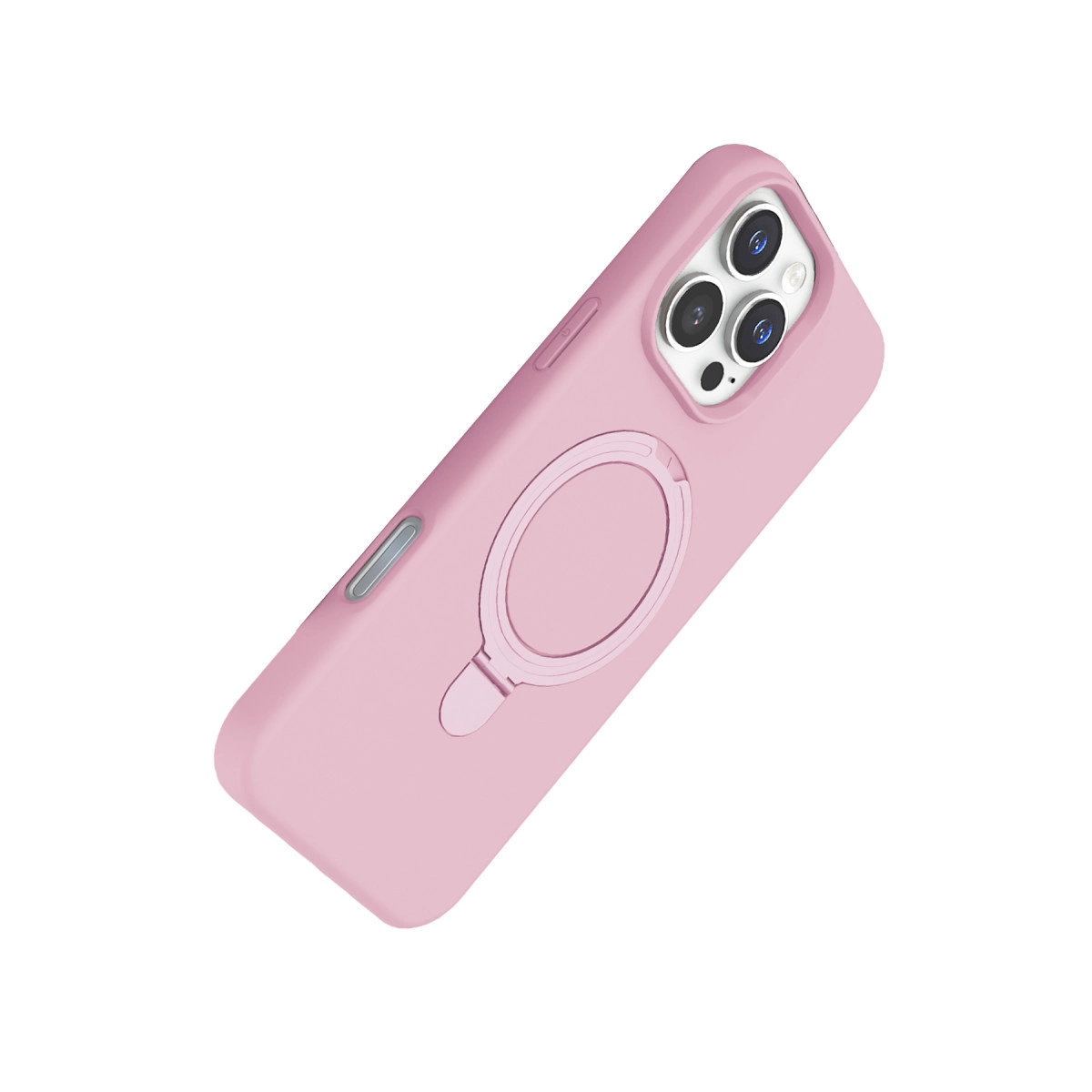 Halka tutuculu ve üç kamera lensli pembe telefon kılıfı.