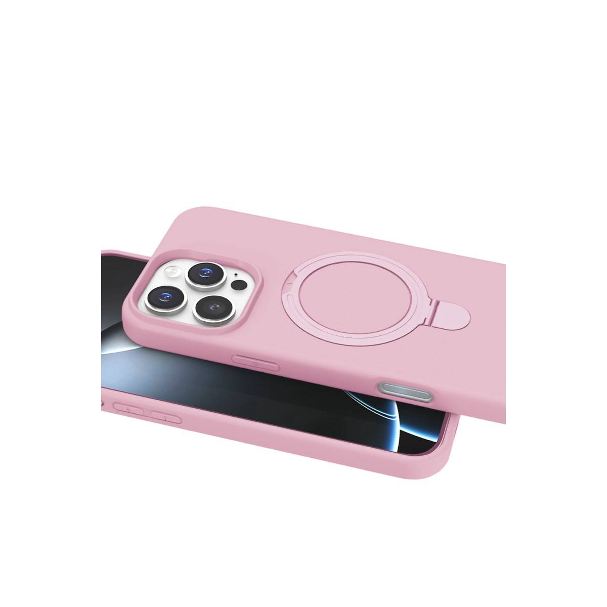Entegre halka tutuculu ve kamera kesimli pembe telefon kılıfı.