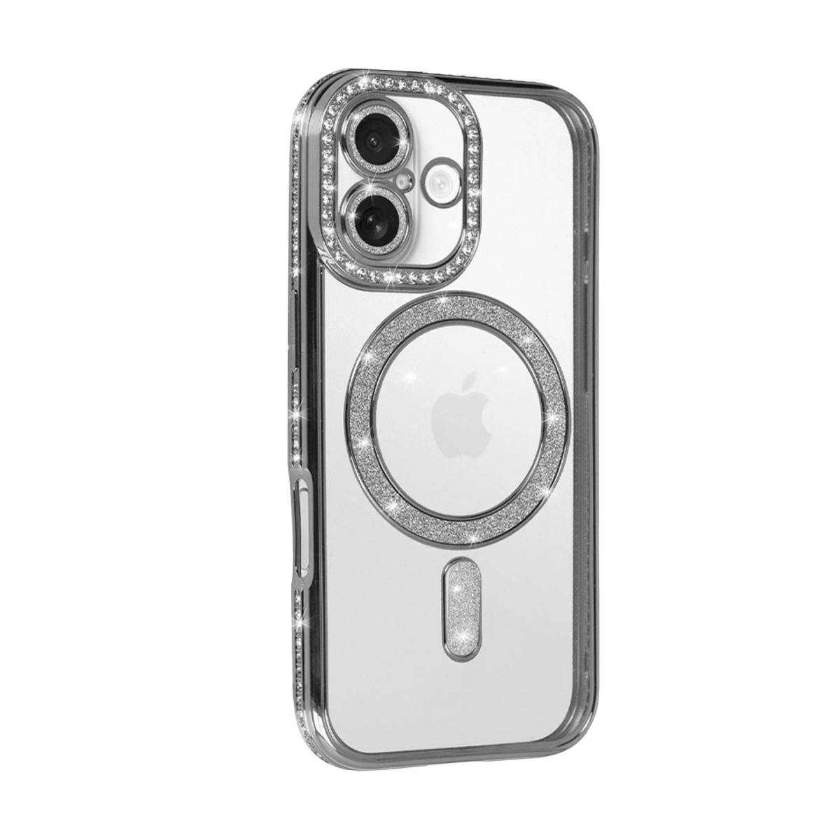 Elmas işlemeli şeffaf iPhone kılıfı, kamera delikleri ve Apple logosu.