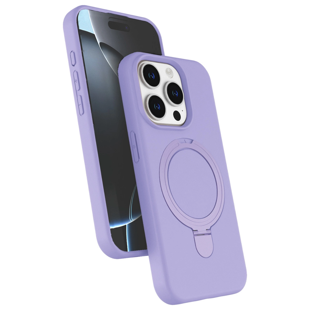 Beyaz arka plan üzerinde halka tutuculu ve kamera kesimli mor iPhone kılıfı.