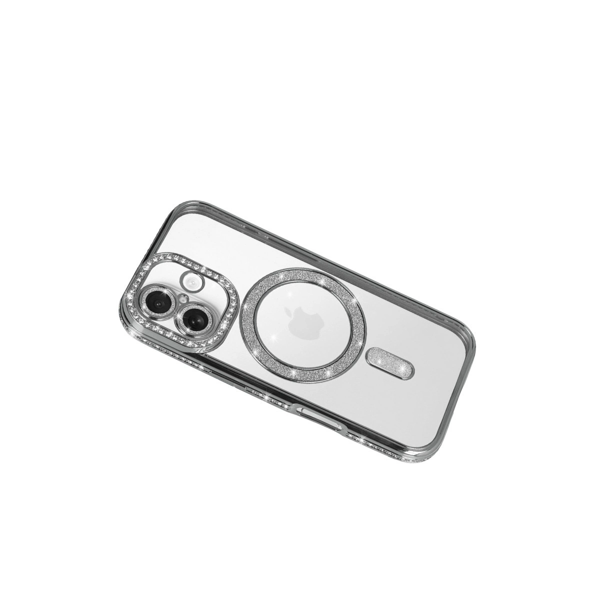 Kamera ve MagSafe alanında sim bulunan şeffaf iPhone kılıfı.