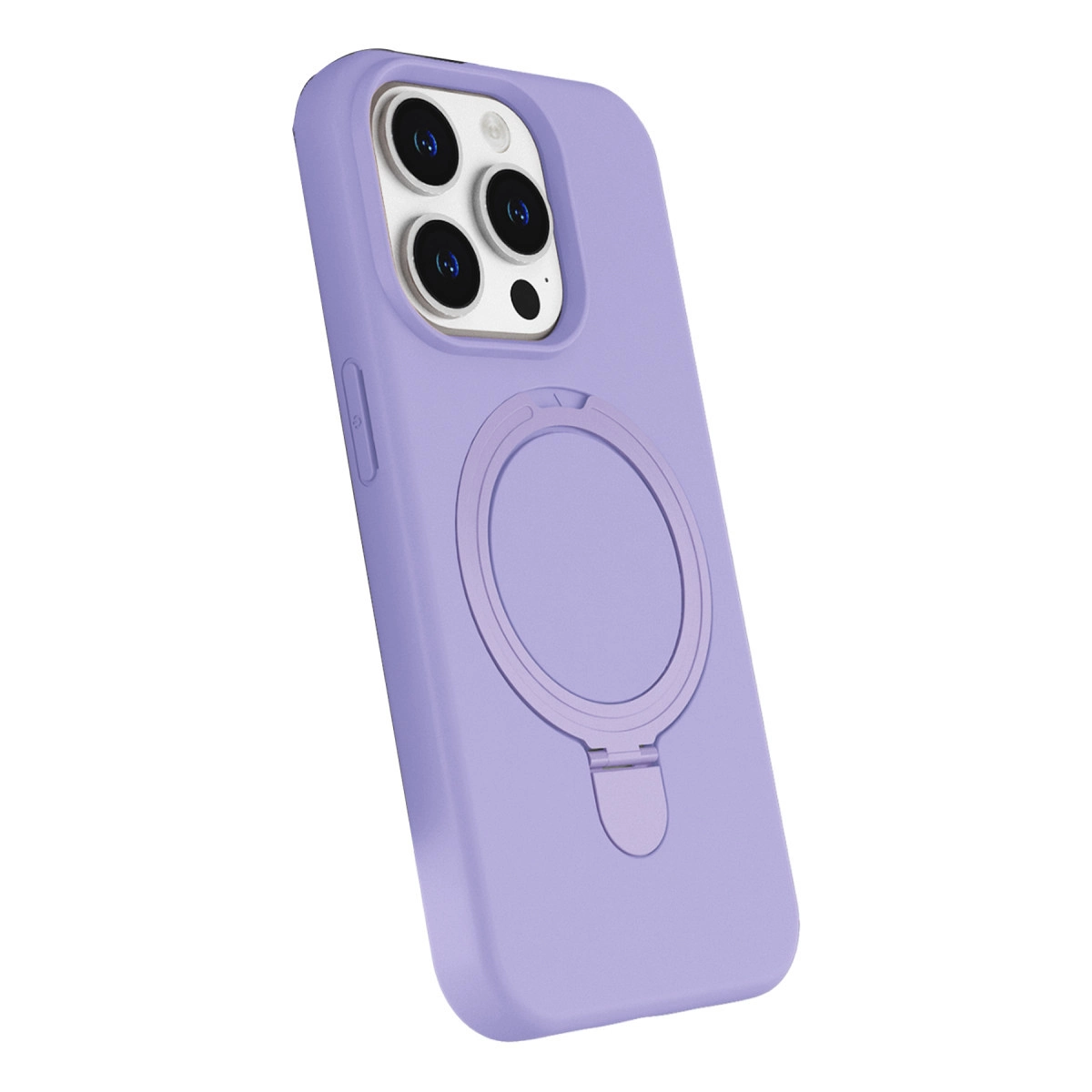 Halka tutuculu ve üç kamera lensli mor telefon kılıfı.