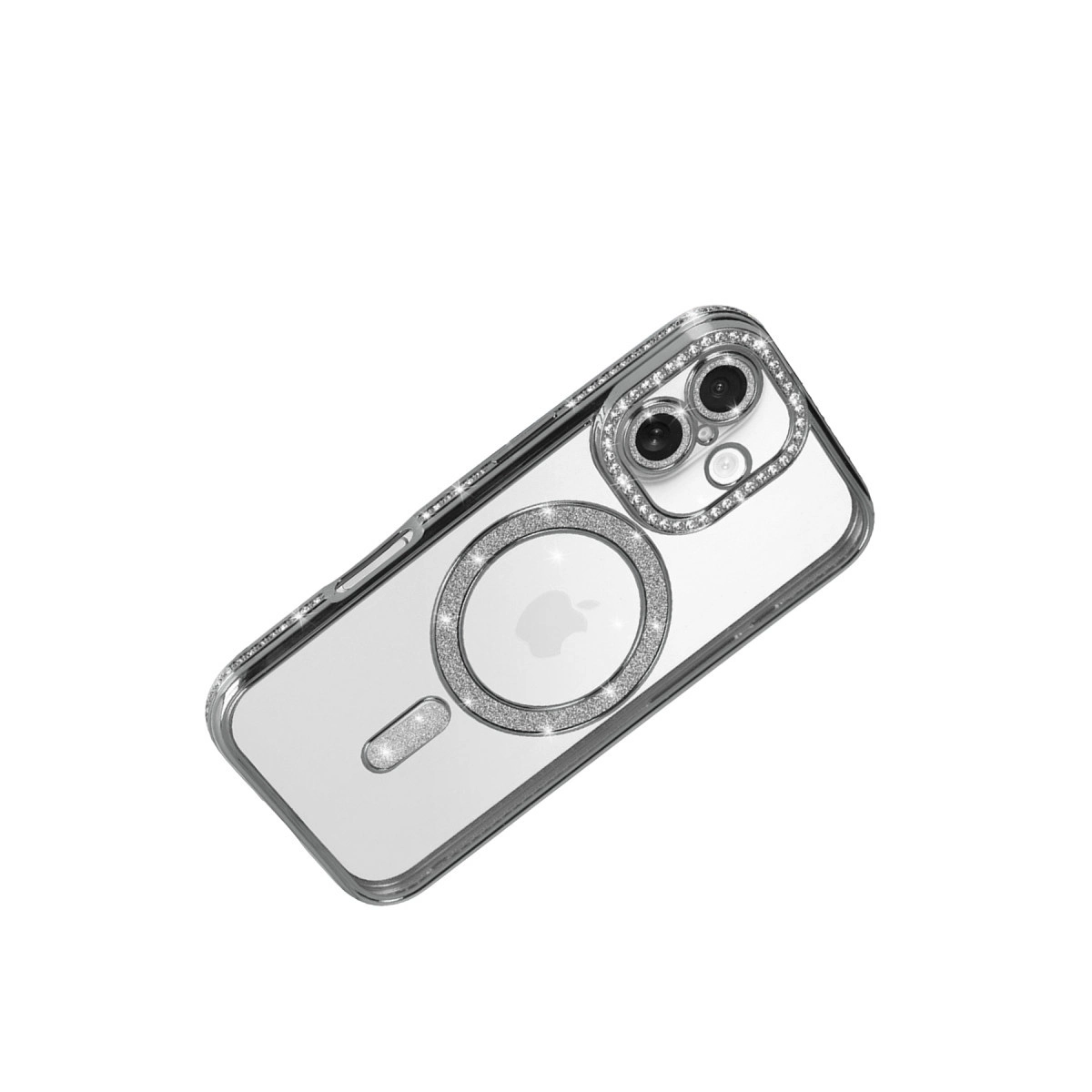 Gümüş kenarlı ve kamera ile logo çevresinde simli şeffaf telefon kılıfı.
