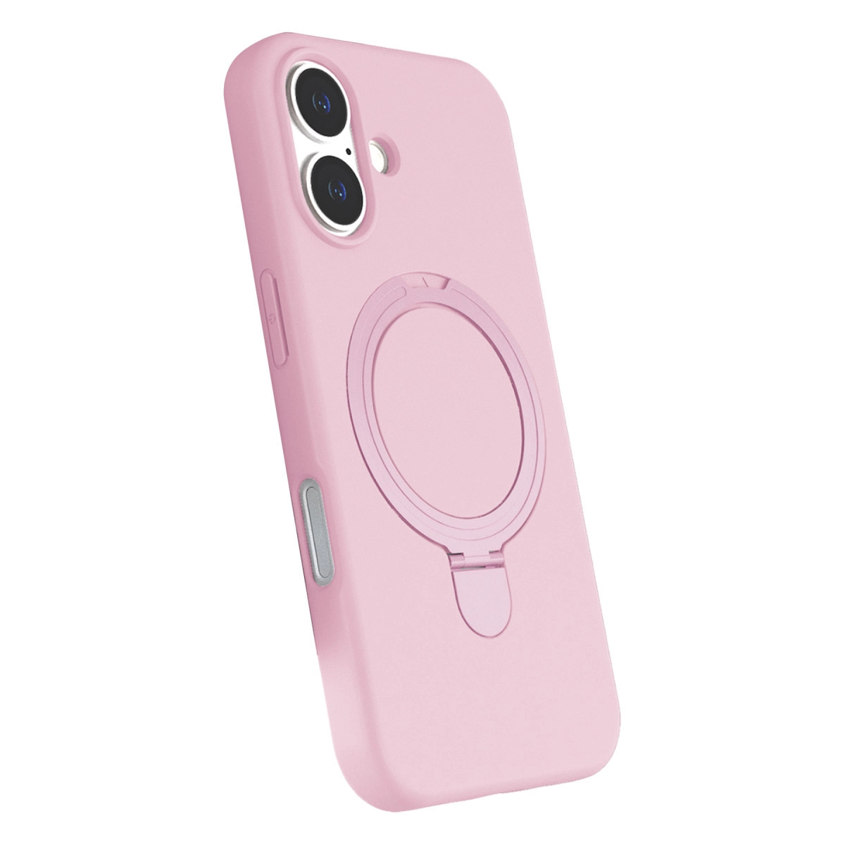 Halka tutuculu ve iki kamera lensli pembe telefon kılıfı.