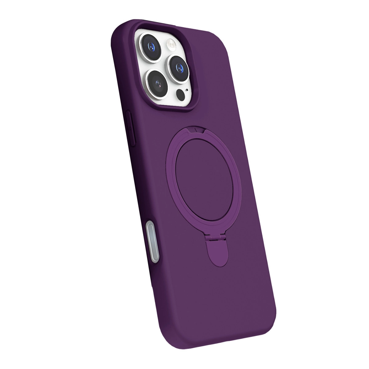 Kamera çıkıntılı ve halka tutuculu mor iPhone kılıfı.