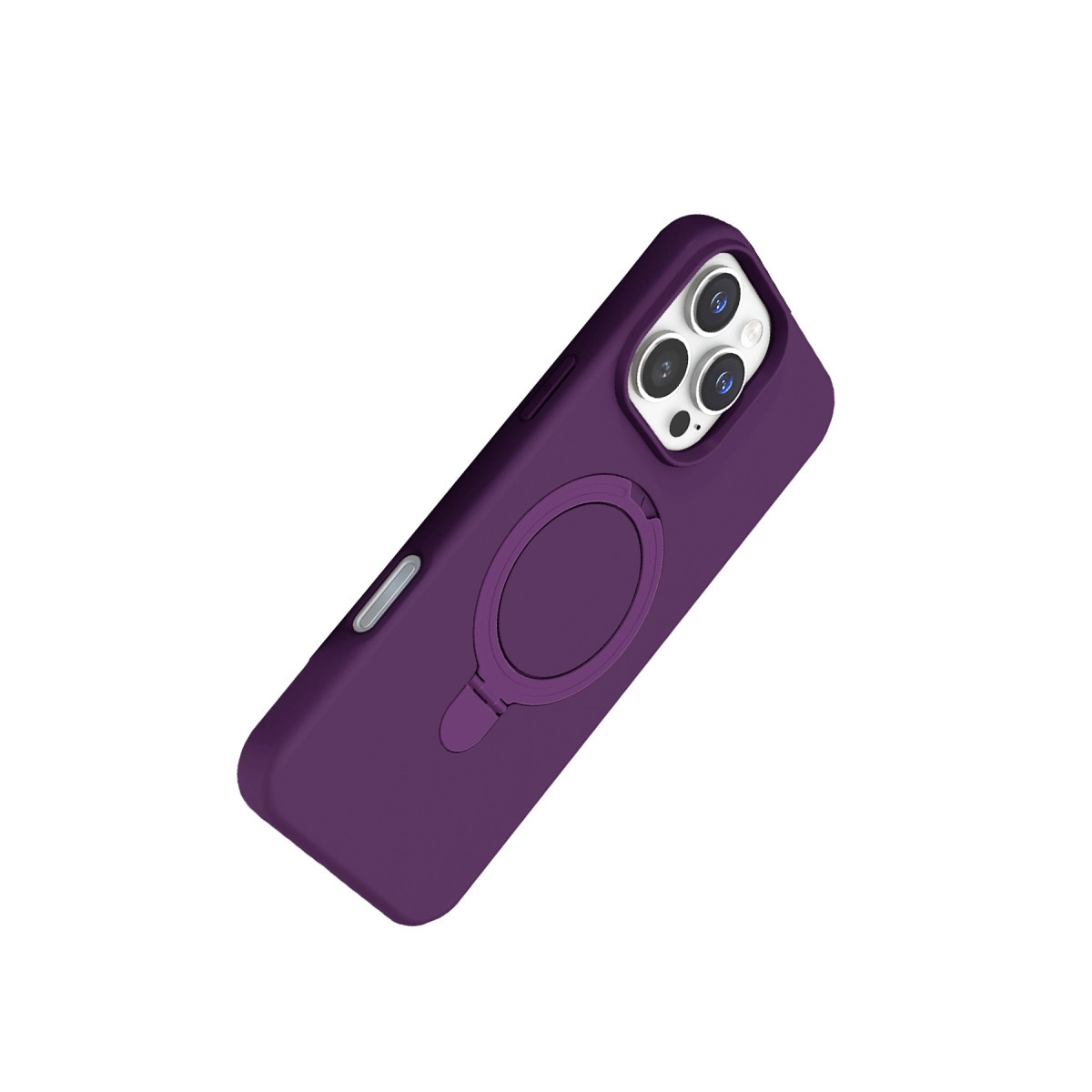 Halka tutuculu ve kamera modüllü mor telefon kılıfı, beyaz zeminde.