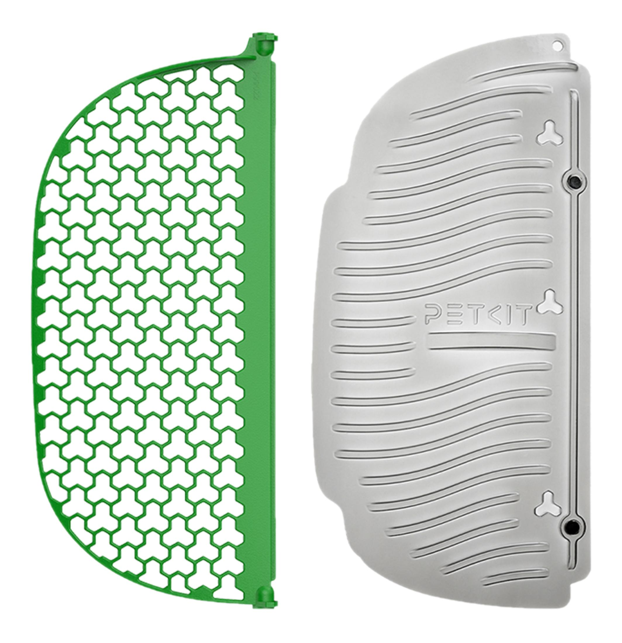 Zielona kratka o wzorze plastra miodu obok srebrnej płyty PETKIT z falistym wzorem.