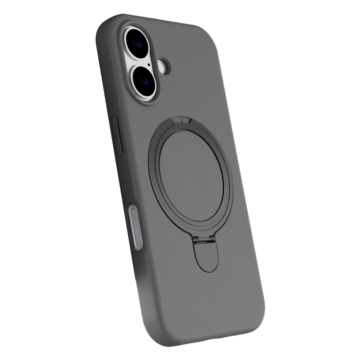 Beyaz arka plan üzerinde halka tutuculu ve iki kameralı gri telefon kılıfı.
