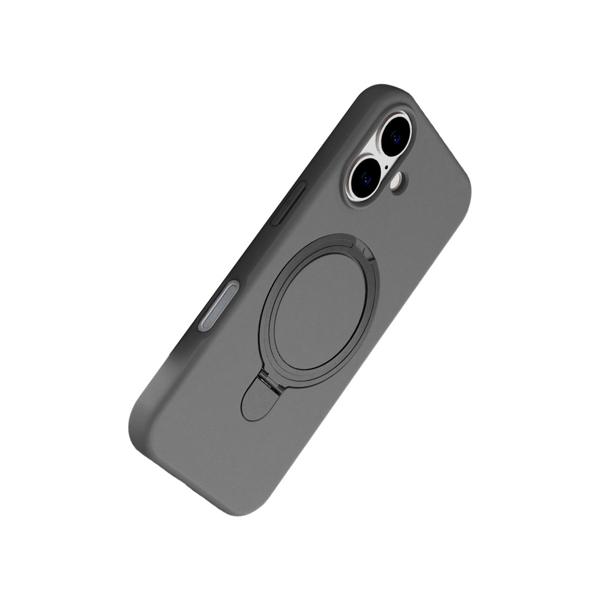 Beyaz arka plan üzerinde halka tutuculu ve çift lensli gri telefon kılıfı.