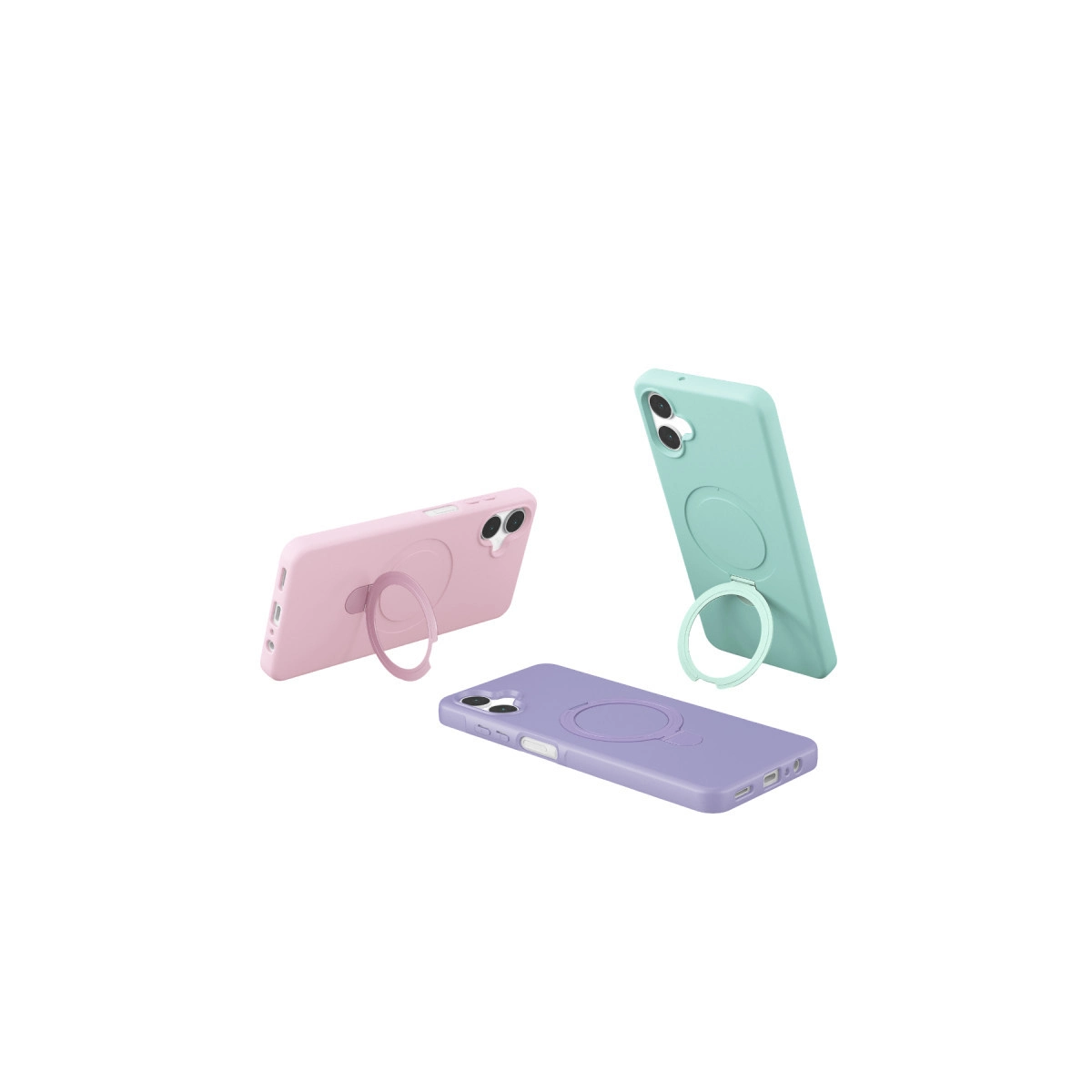 Halka tutuculu pembe, mor ve nane yeşili üç telefon kılıfı.