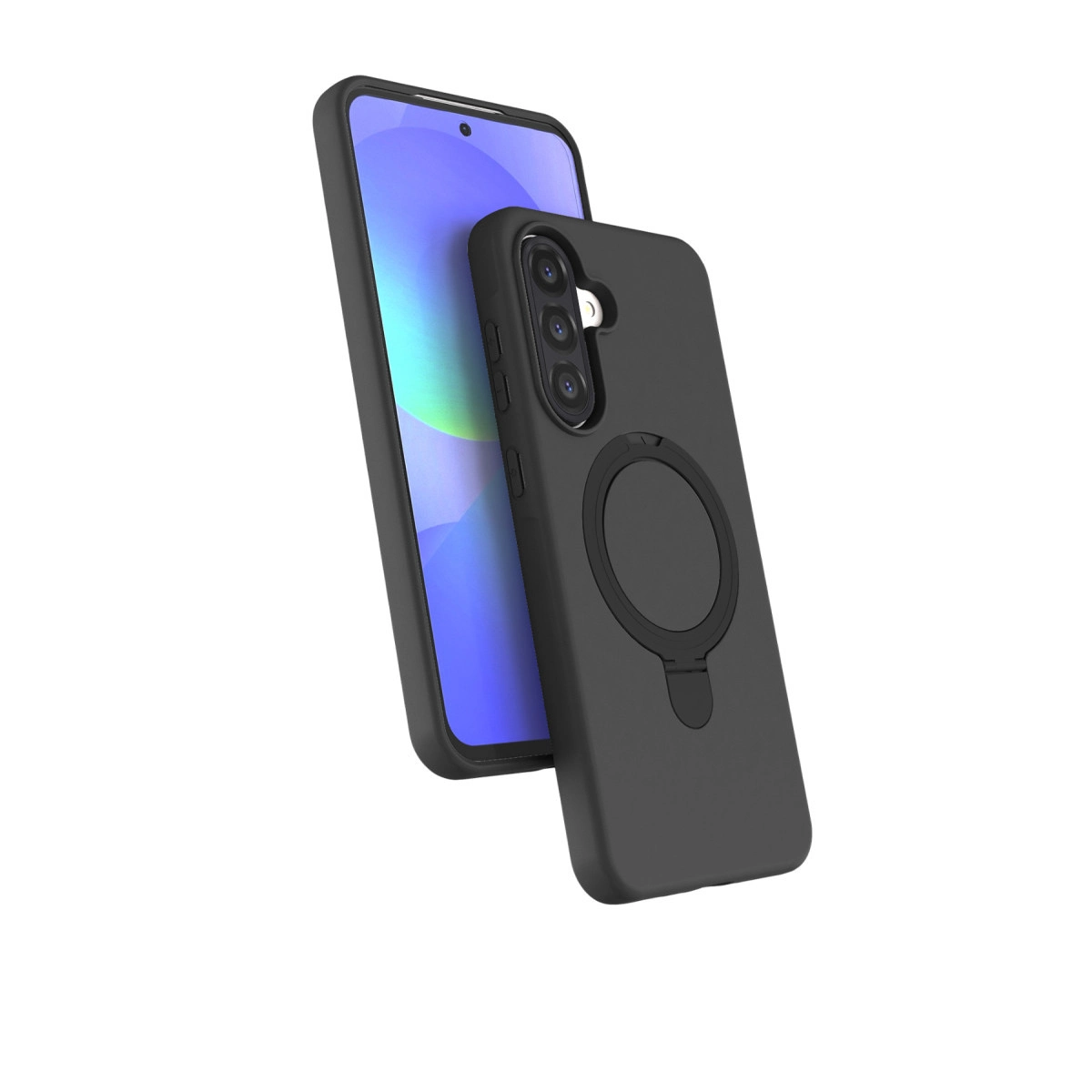 Halka tutuculu siyah telefon kılıfı ve mavi ekranlı akıllı telefon.