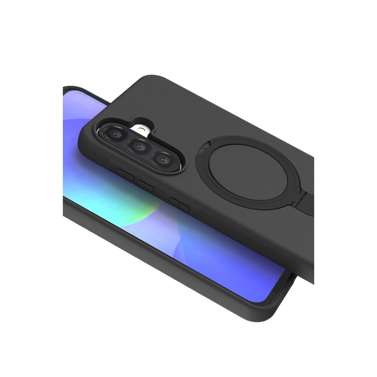 Mavi ekranlı akıllı telefonda halka tutuculu siyah telefon kılıfı.