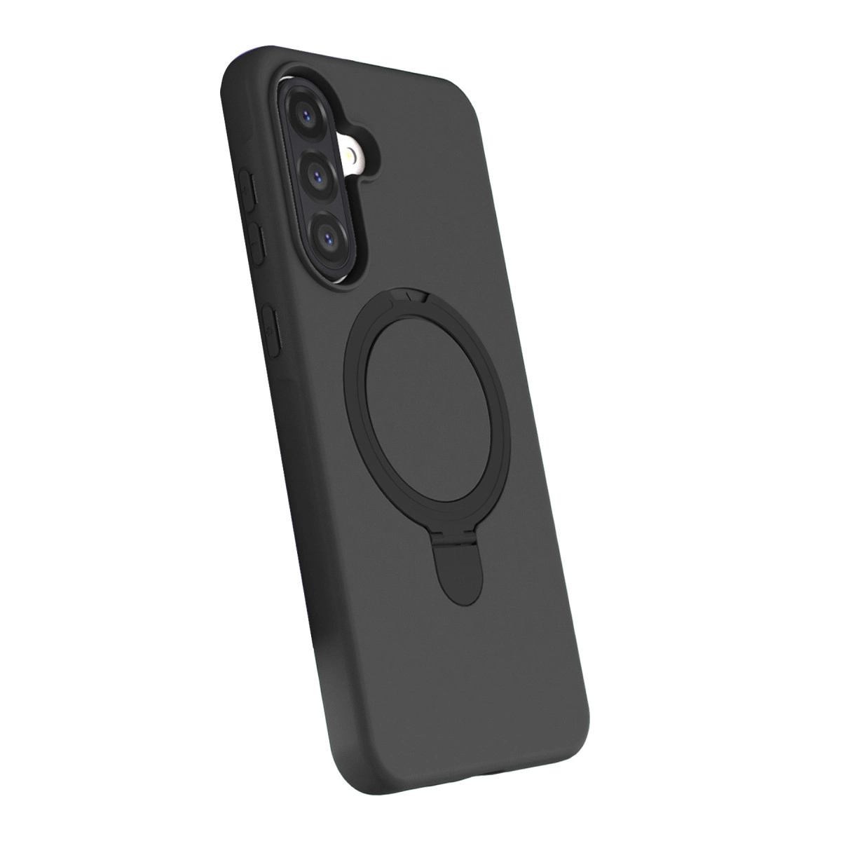Halka tutuculu ve üçlü kamera kesimli siyah telefon kılıfı.