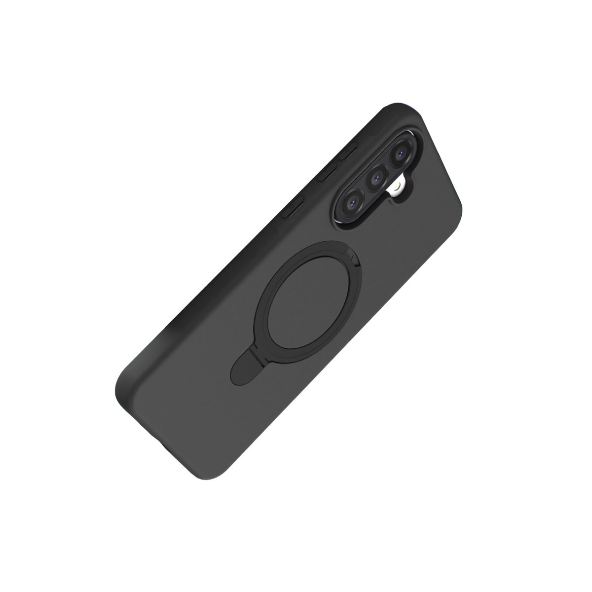 Halka tutuculu ve üç kamera lensli siyah telefon kılıfı.