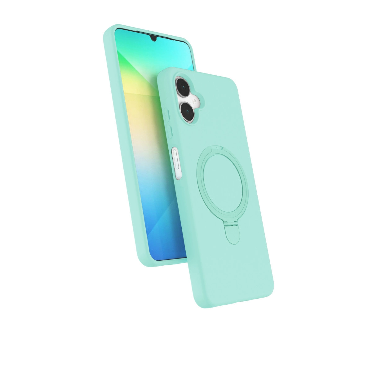 Turkuaz renkli, halka tutuculu telefon kılıfı, akıllı telefonun yanında.