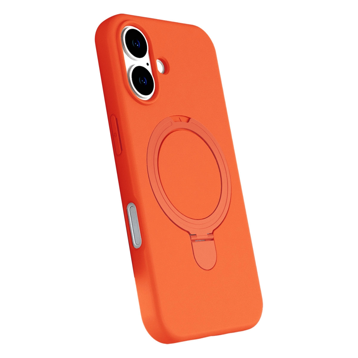 Halka tutuculu ve iki kamera lensli turuncu telefon kılıfı.