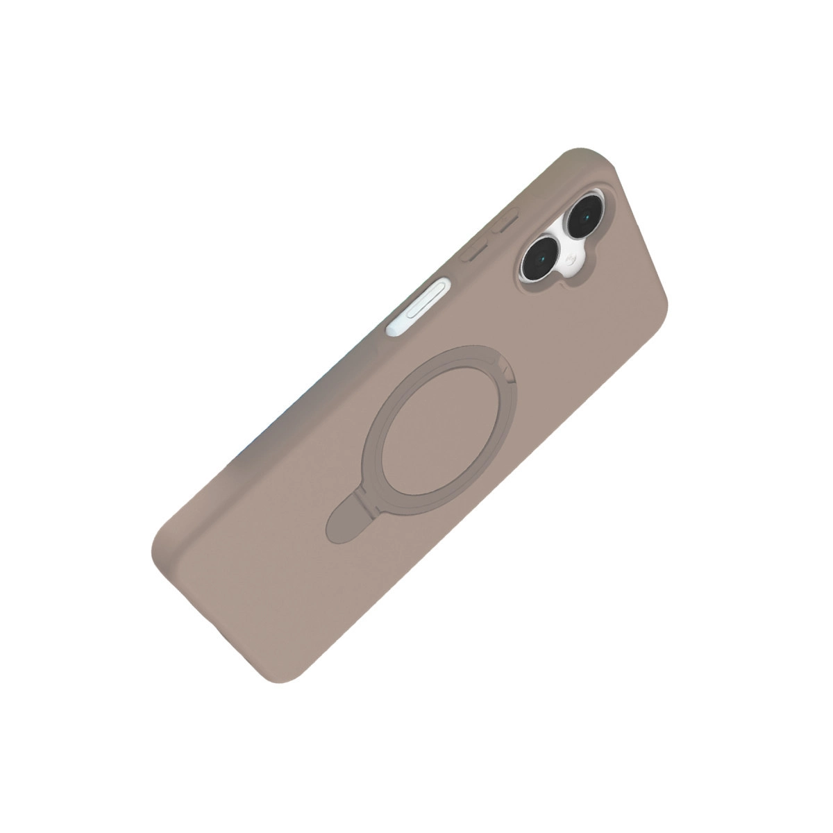 Arkada dairesel manyetik tutucu bulunan kahverengi telefon kılıfı.