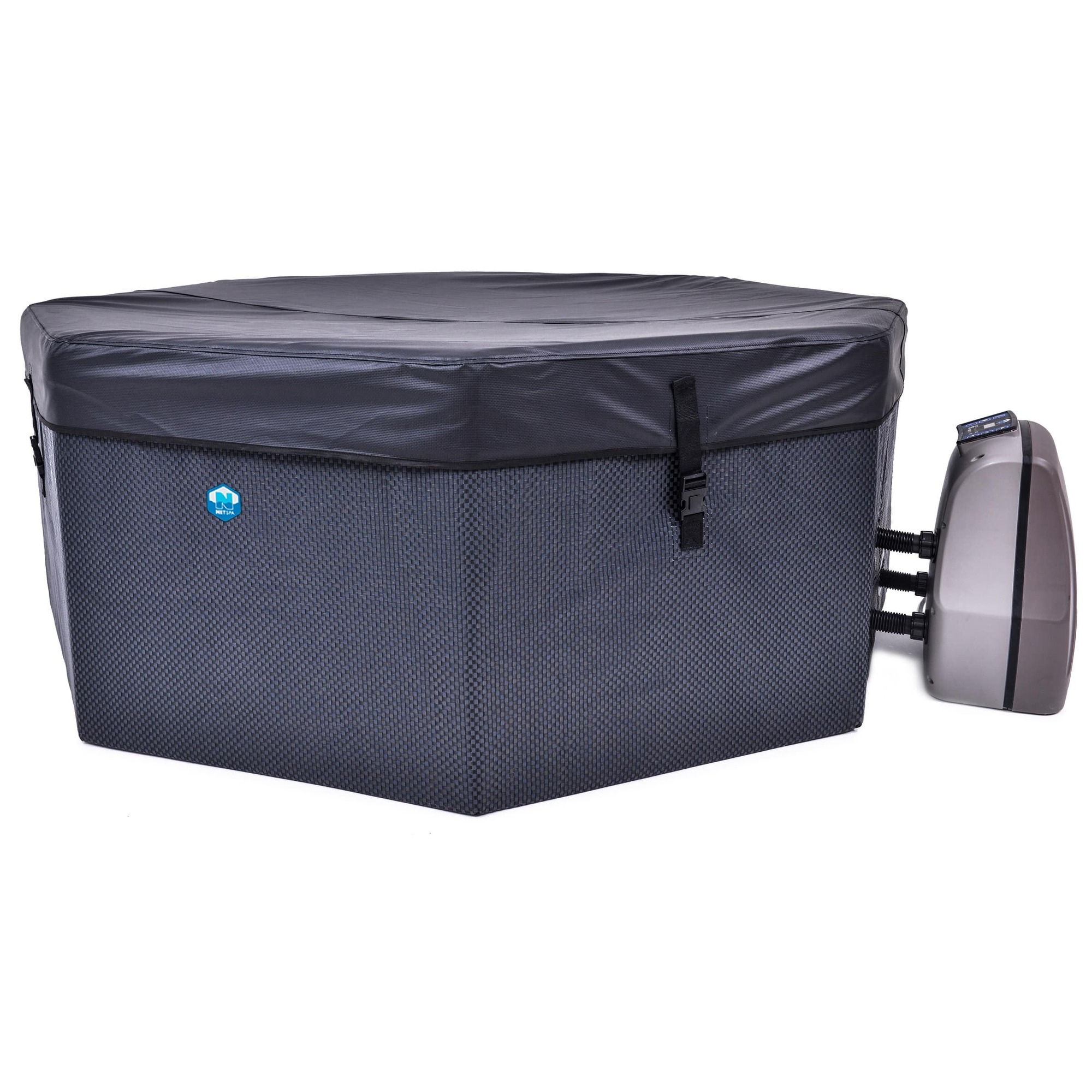 Un jacuzzi inflable gris con cubierta negra y unidad de bomba separada.
