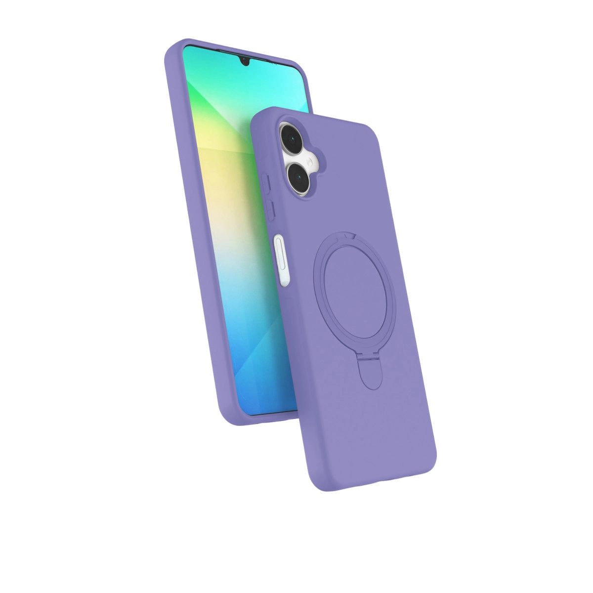 Halkalı tutuculu mor telefon kılıfı ve akıllı telefon.