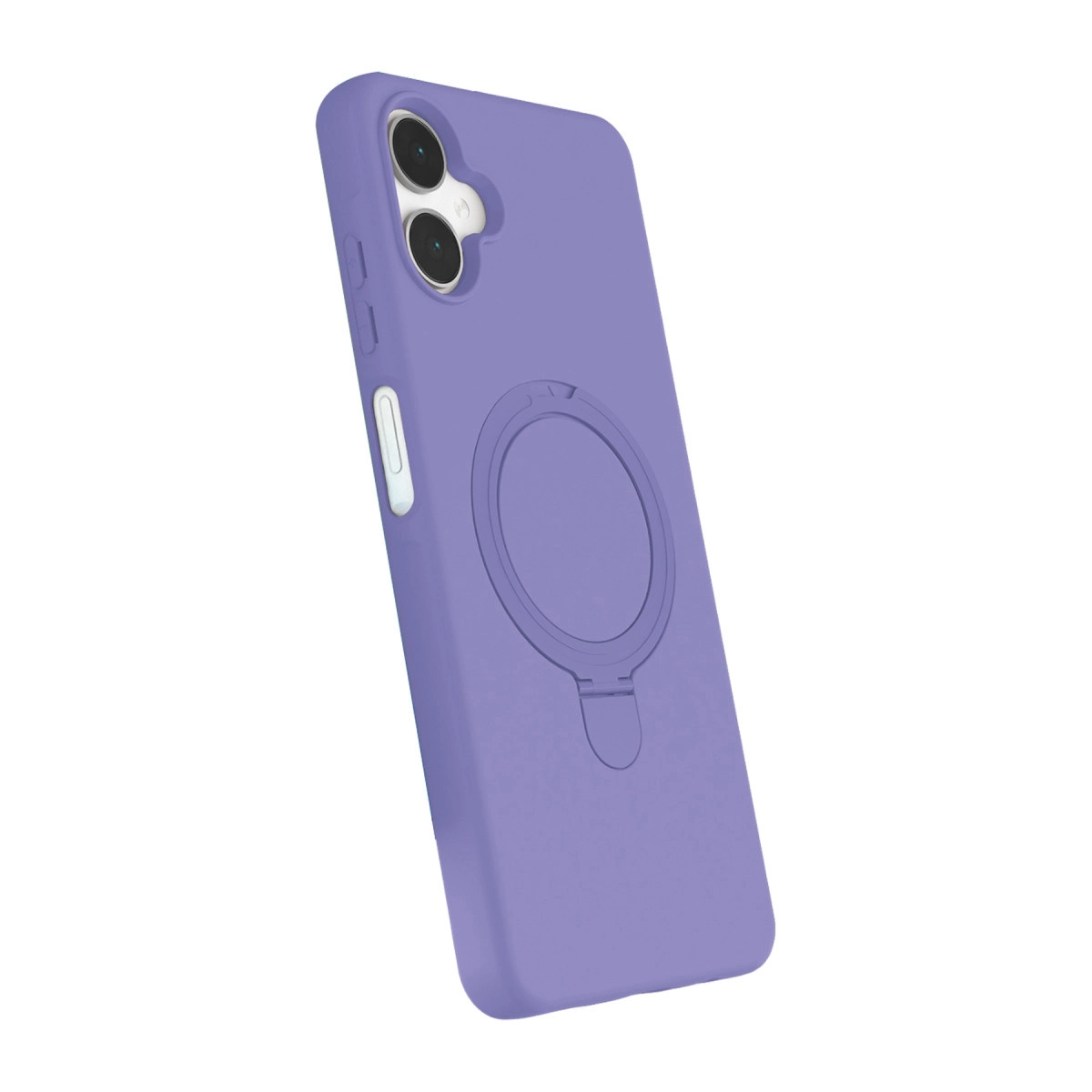 Halka tutuculu ve çift kamera oyuklu mor telefon kılıfı.