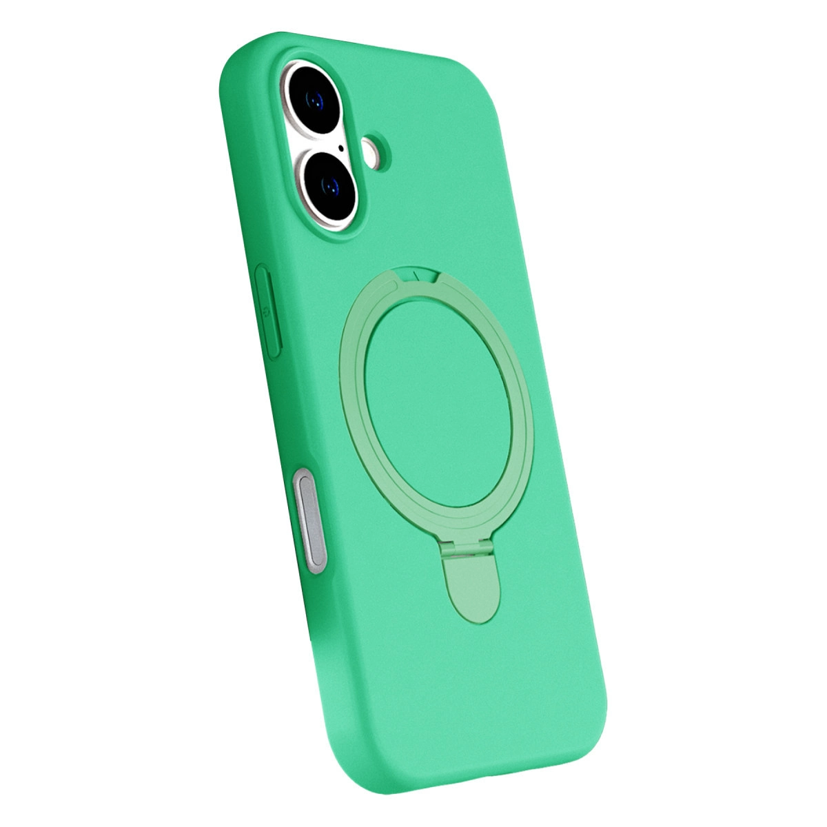 Çift kamera oyuntulu, halka tutuculu yeşil telefon kılıfı.