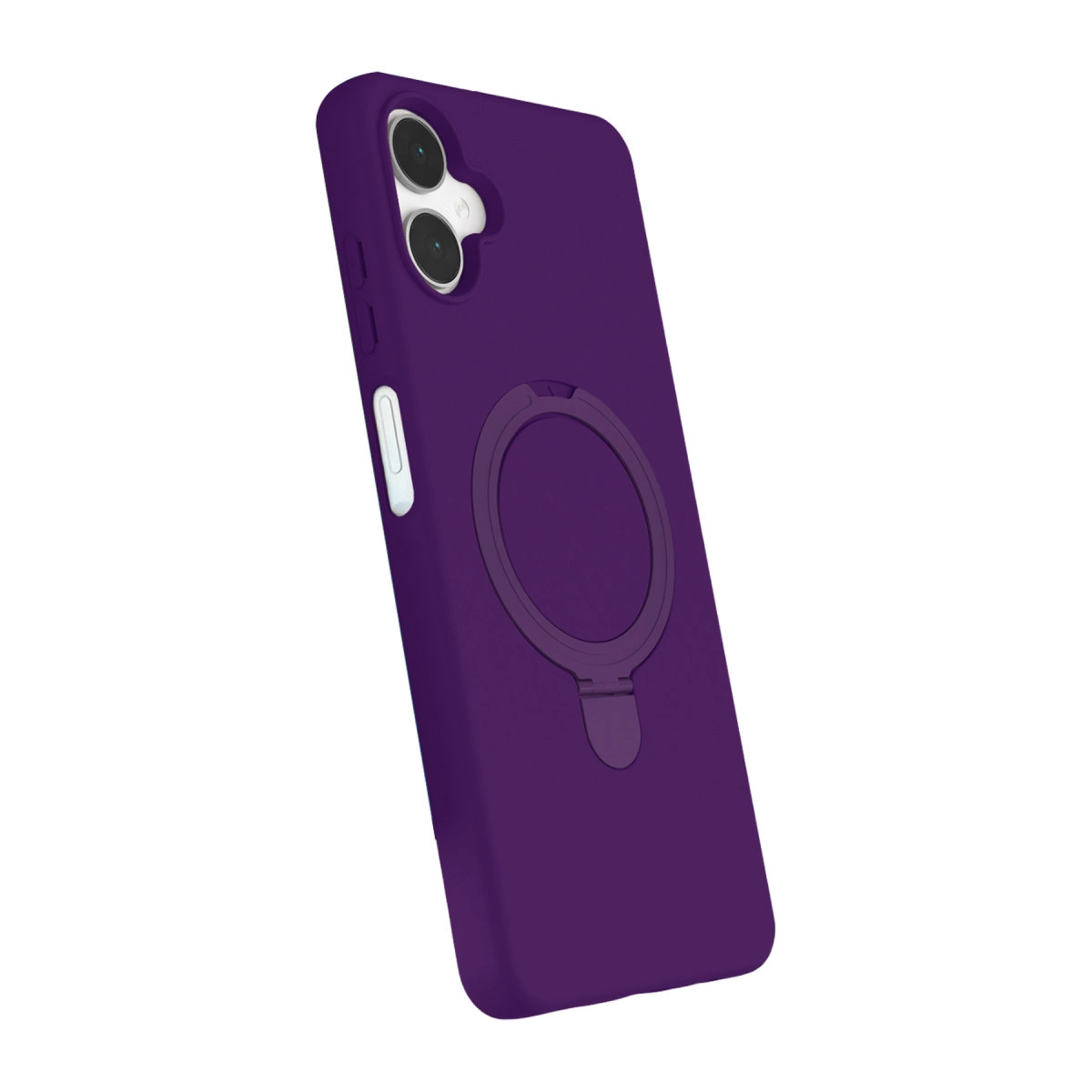 Yüzük tutuculu mor telefon kılıfı ve iki kamera lensi.