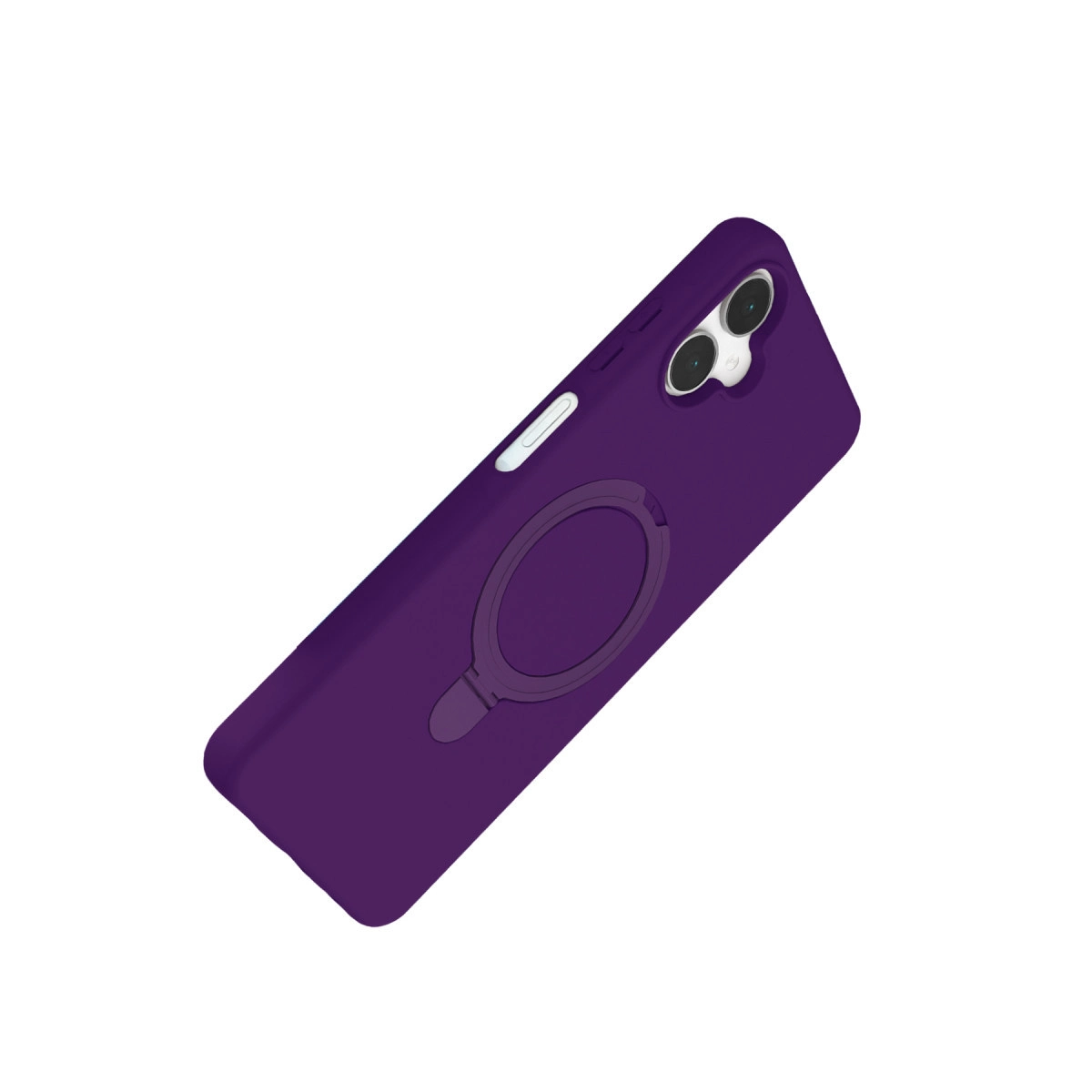 Halka tutuculu koyu mor telefon kılıfı, beyaz düğme ve iki kamera lensi.