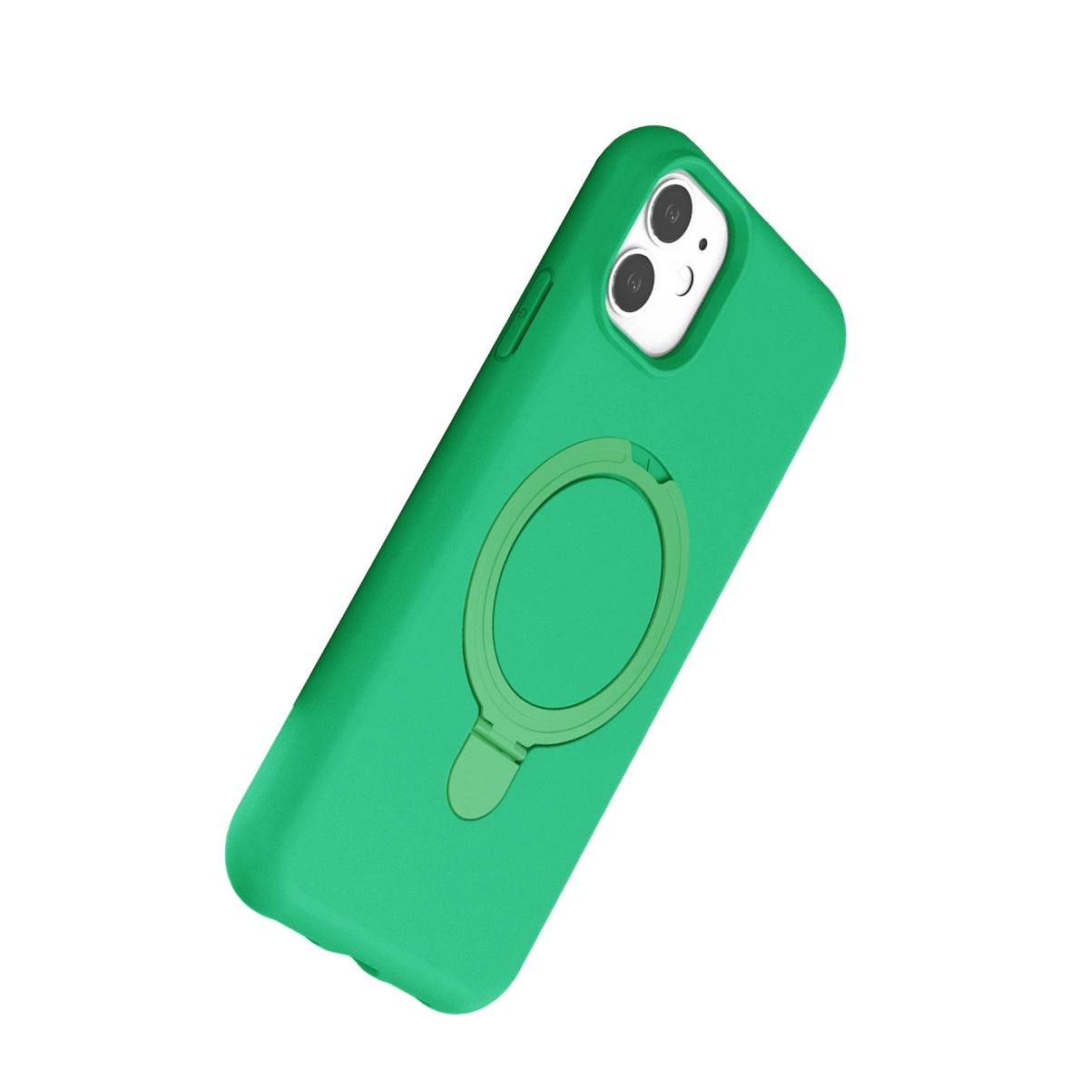 Beyaz arka plan üzerinde halka tutuculu ve kamera kesimli yeşil telefon kılıfı.
