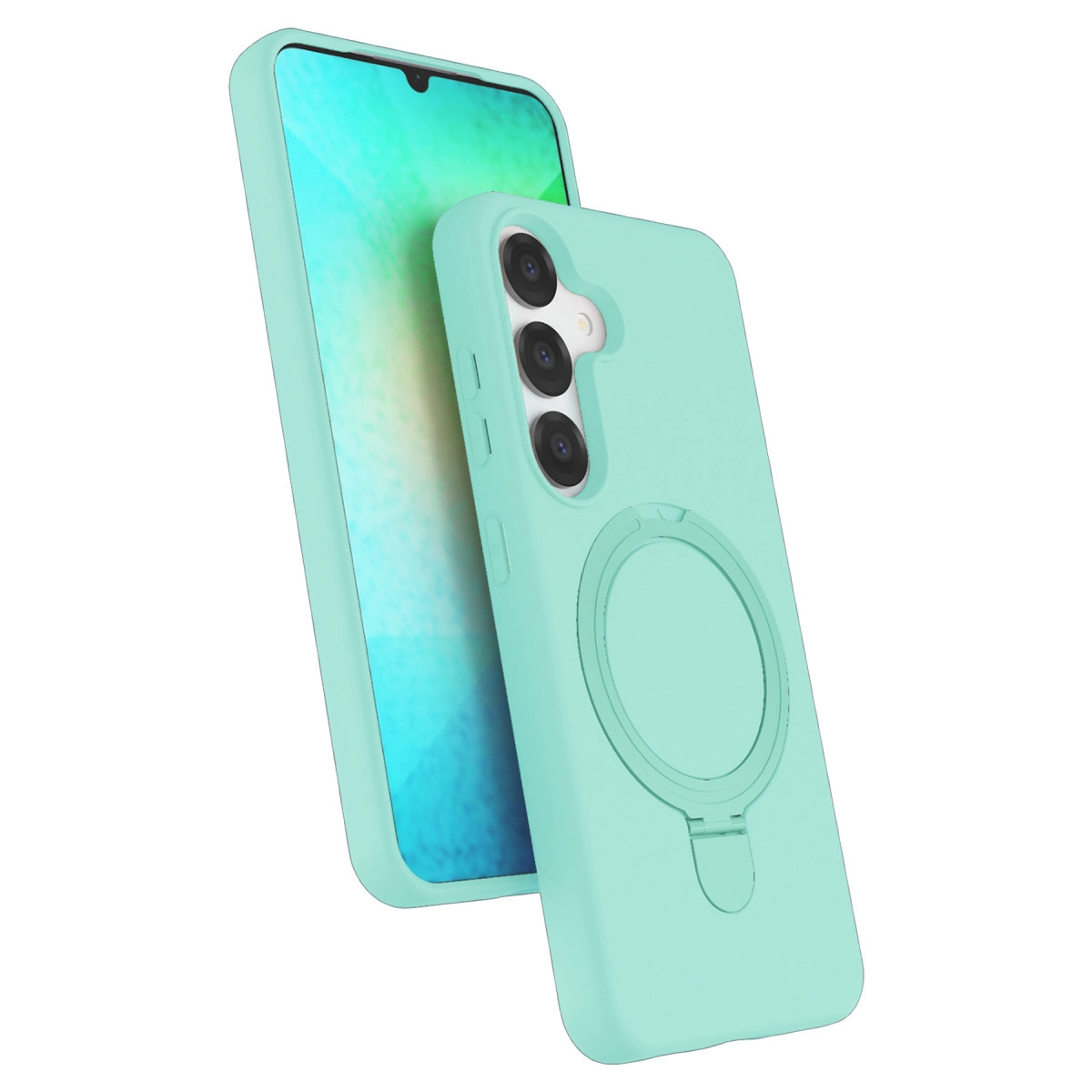 Halka tutuculu uyumlu kılıfı olan turkuaz renkli bir telefon.