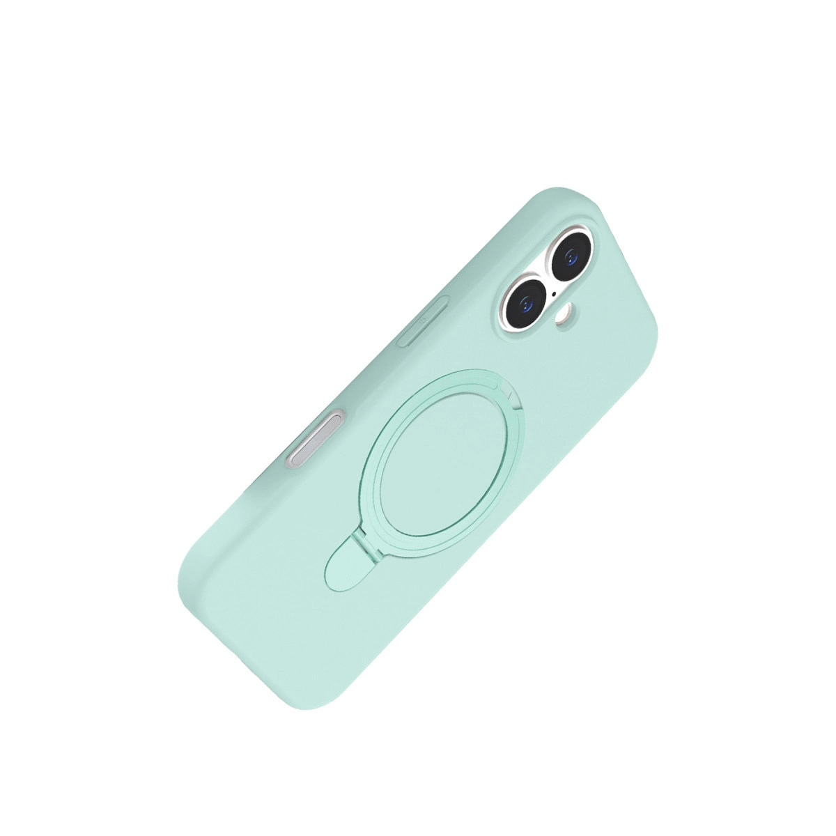 Arkada halka tutuculu ve iki kamera lensli açık yeşil telefon kılıfı.