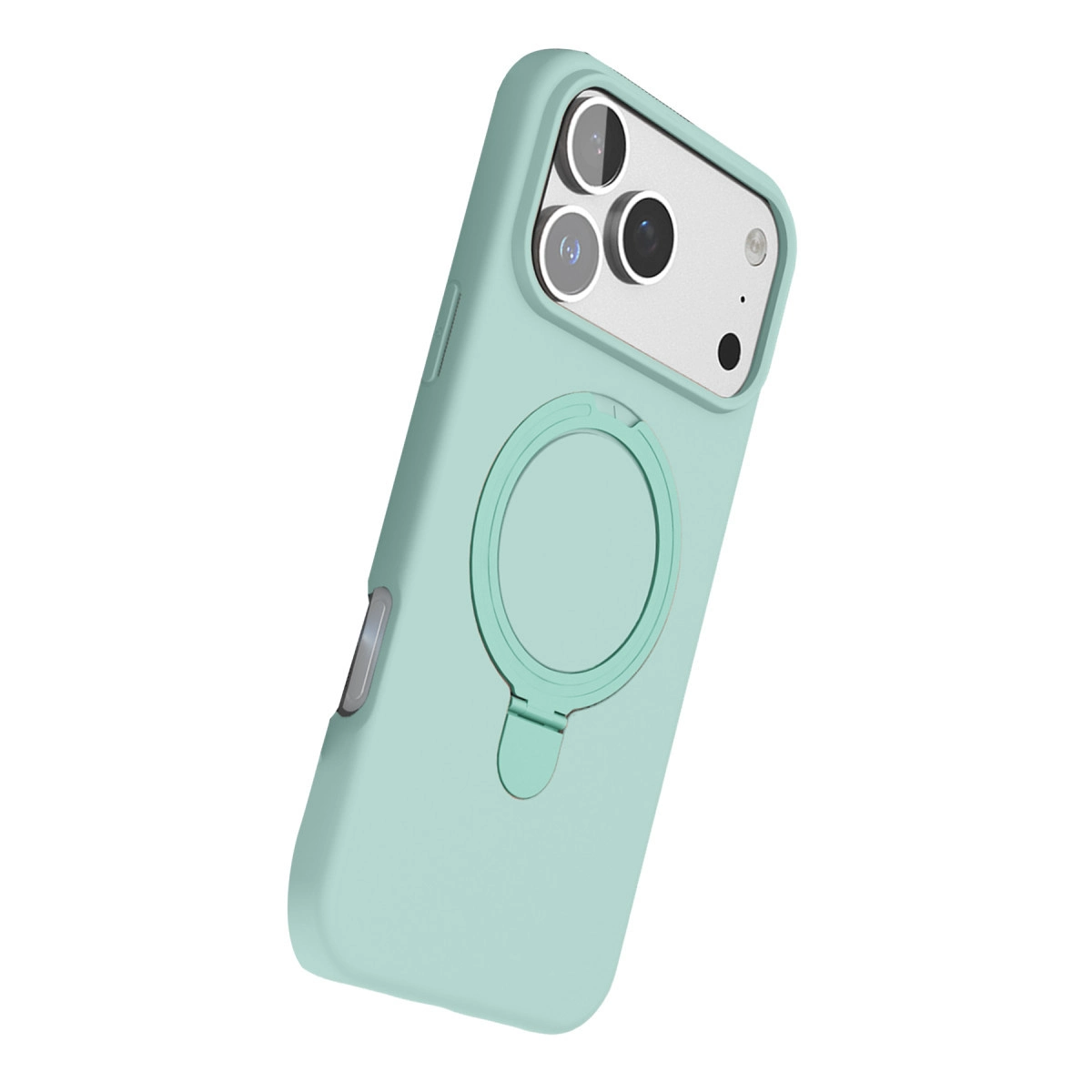 Halka tutuculu ve kamera modüllü turkuaz telefon kılıfı.