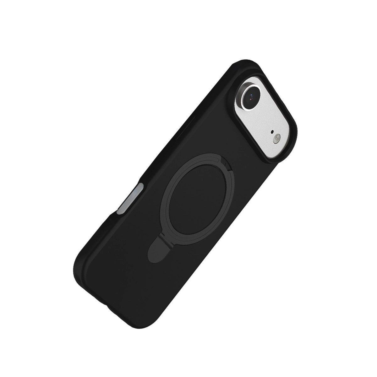 Halka tutuculu ve kamera kesimli siyah telefon kılıfı.