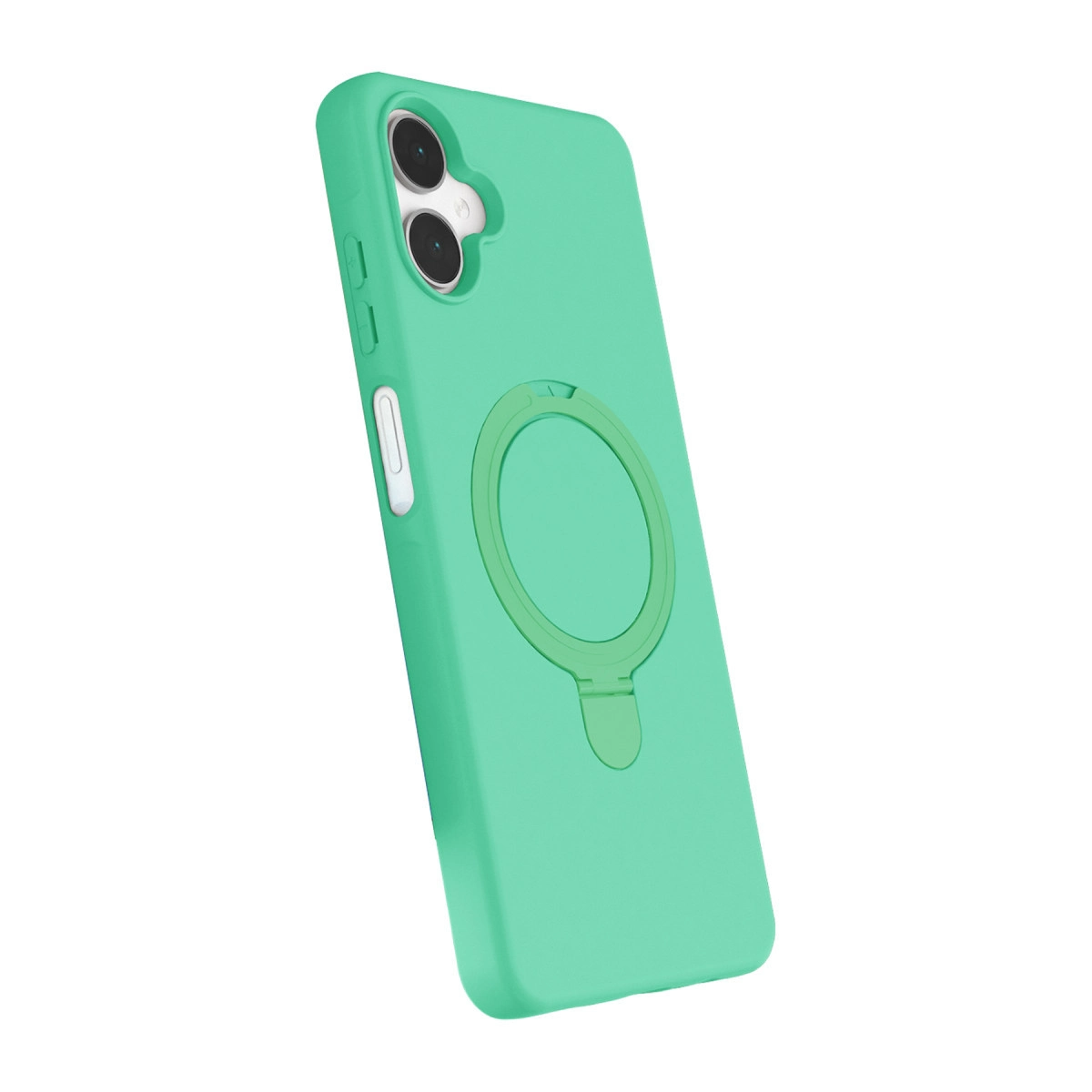 Turkuaz rengi, halka tutuculu ve çift kamera oyuklu telefon kılıfı.