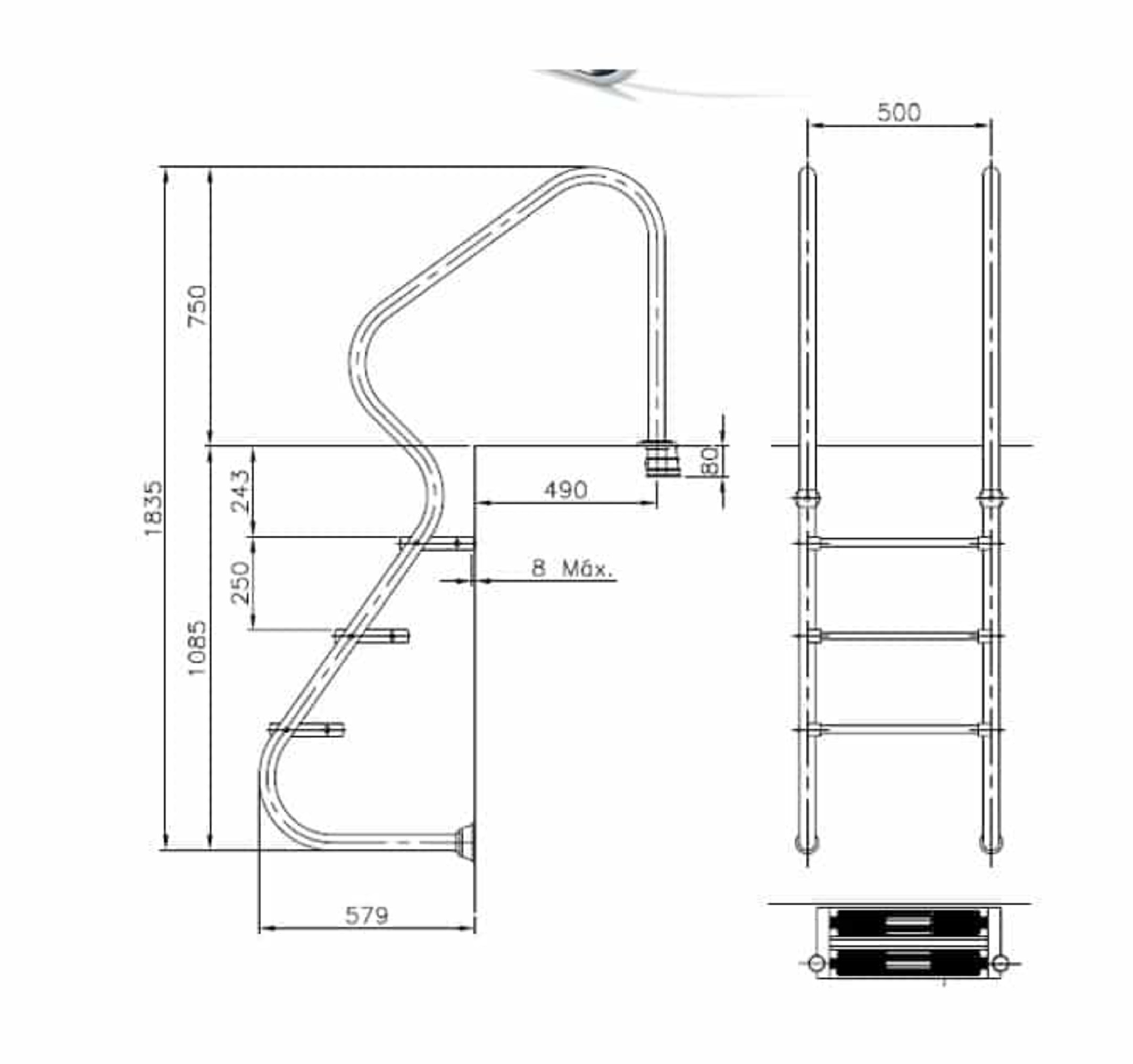 Dibujo técnico de una escalera de piscina curva con escalones y dimensiones.