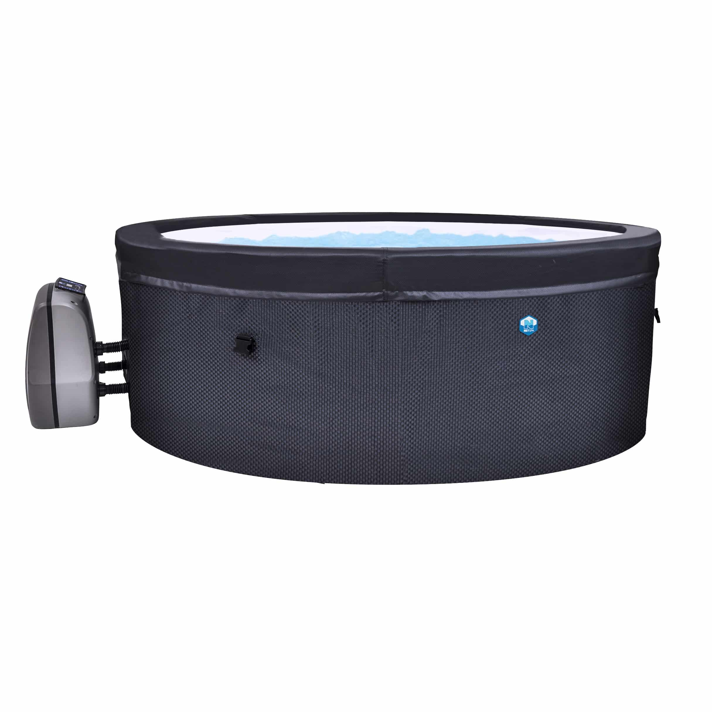 Jacuzzi inflable con unidad de control gris y agua azul.