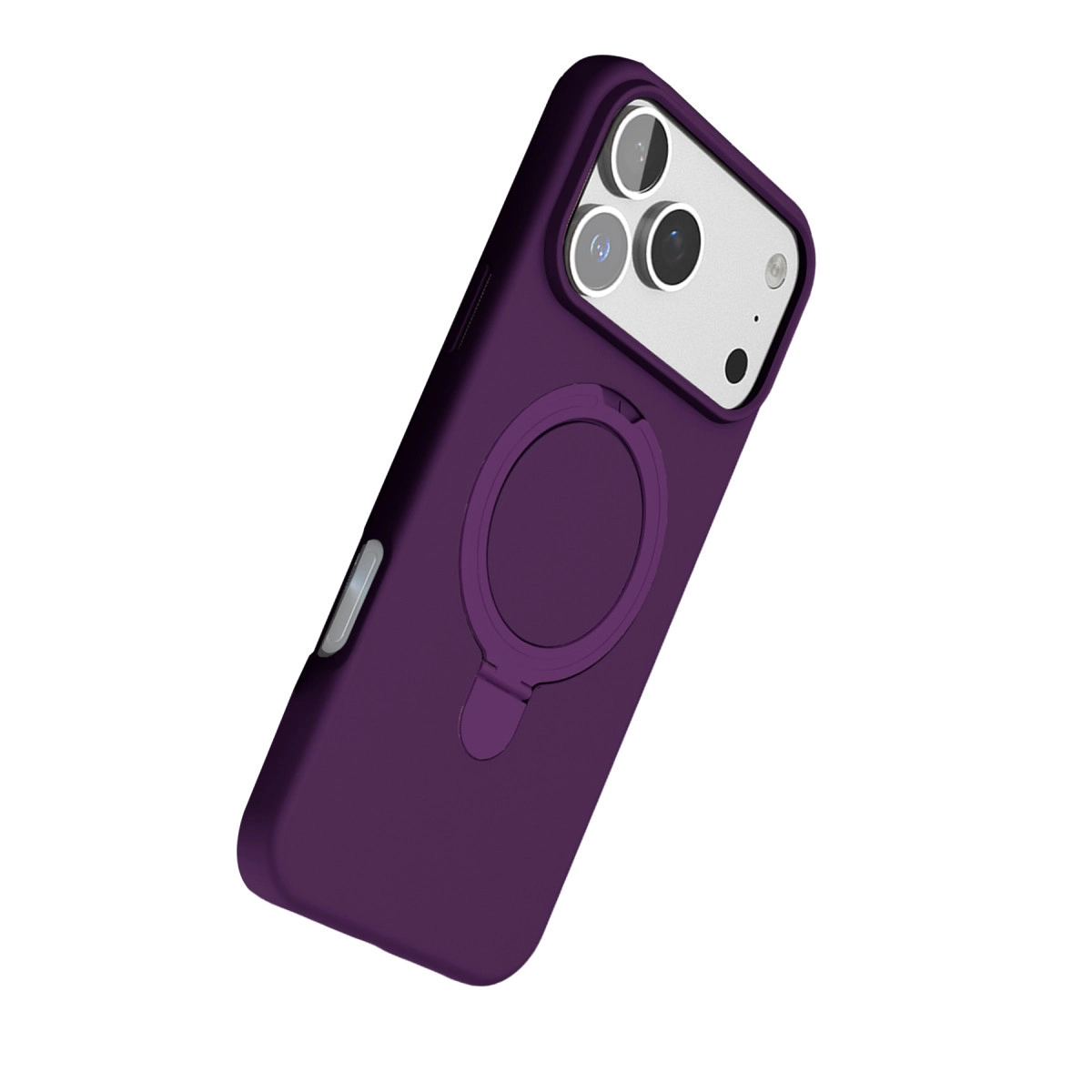 Üç lensli ve halka tutuculu mor iPhone kılıfı.