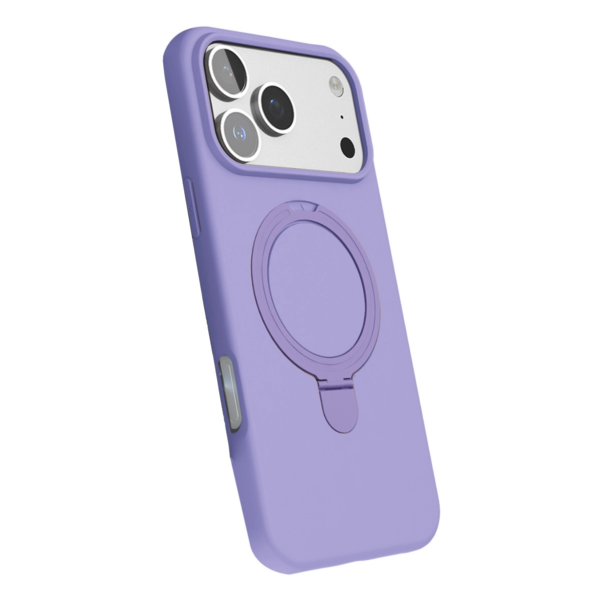 Halka tutuculu ve üçlü kamera kesimli mor iPhone kılıfı.