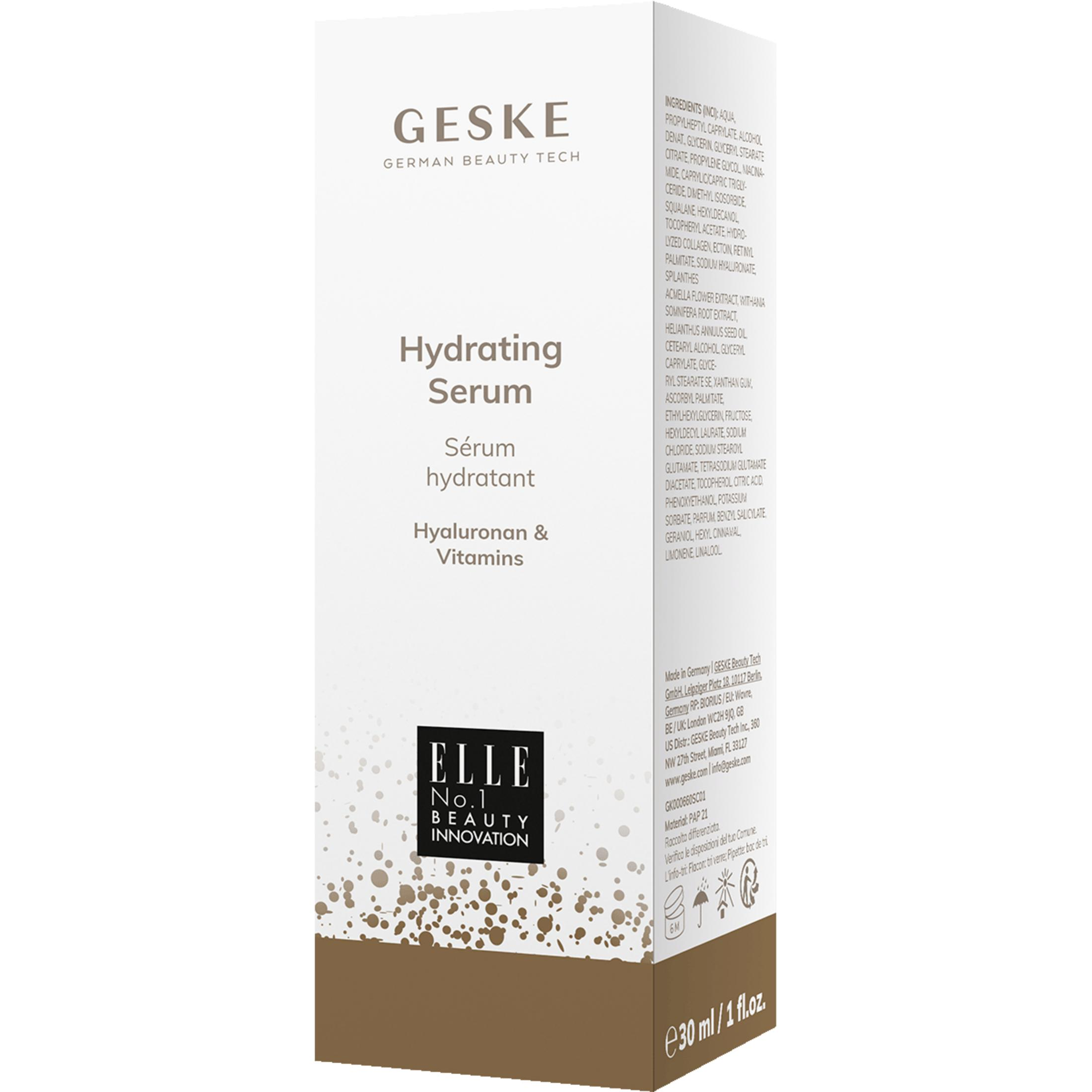 GESKE markası ve 'Hydrating Serum' yazısı bulunan bir ürün kutusunun ön yüzü.