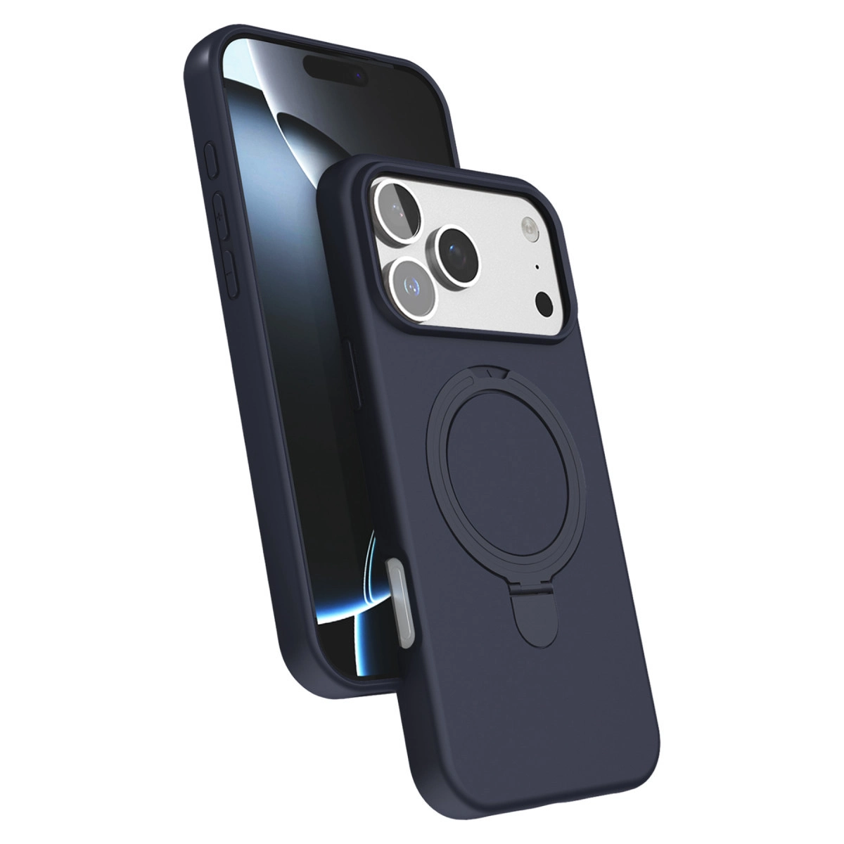 Halka tutuculu ve kamera kesimli lacivert iPhone kılıfı.