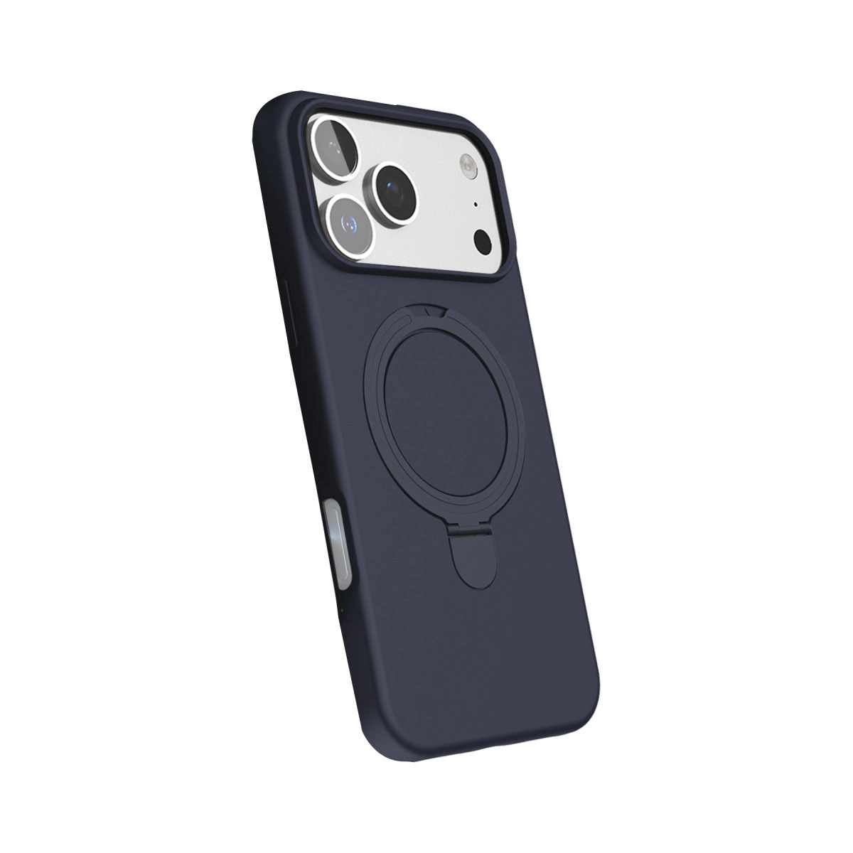 Halka tutuculu ve üç kamera lensli lacivert telefon kılıfı.