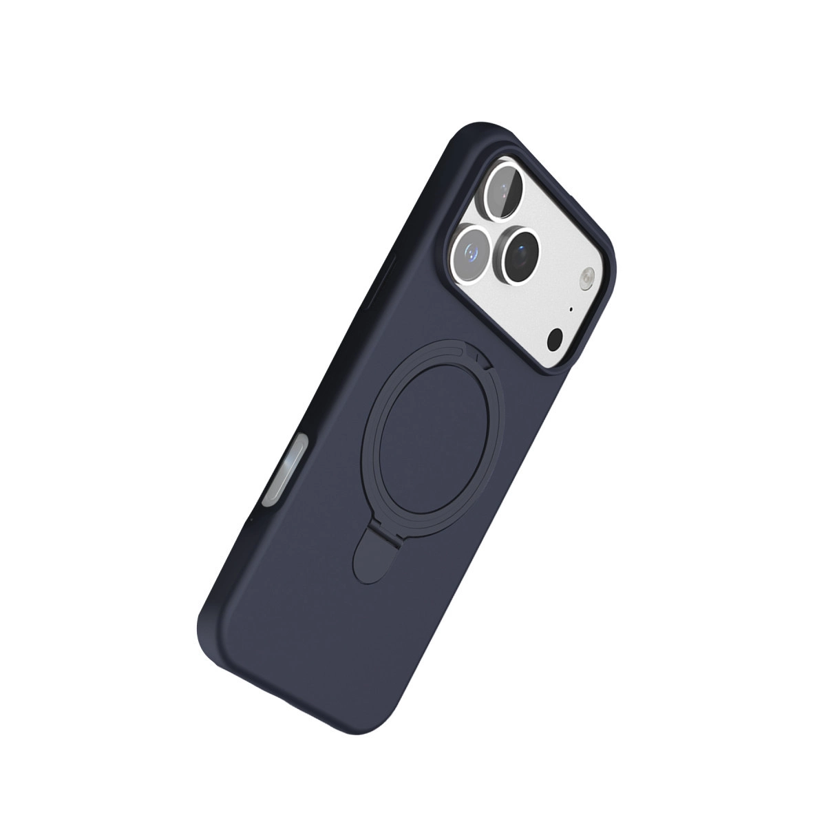 Halka tutuculu ve üç kamera lensli lacivert telefon kılıfı.
