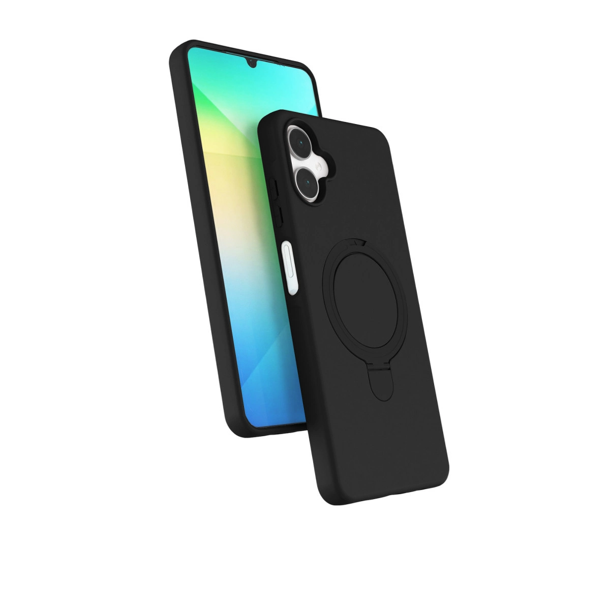 Halka tutuculu siyah telefon kılıfı, arkada telefon.