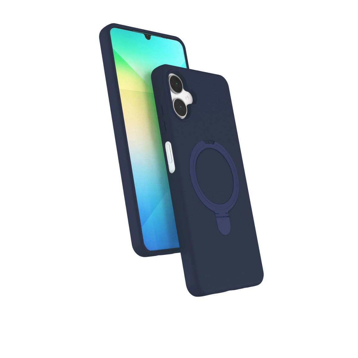 Halka tutuculu lacivert telefon kılıfı ve akıllı telefon.