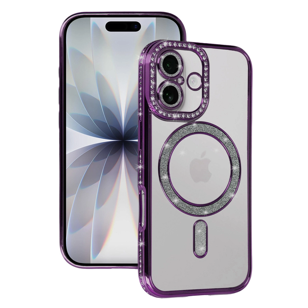 Mor iPhone kılıfı, kamera ve şarj portu çevresinde simli.