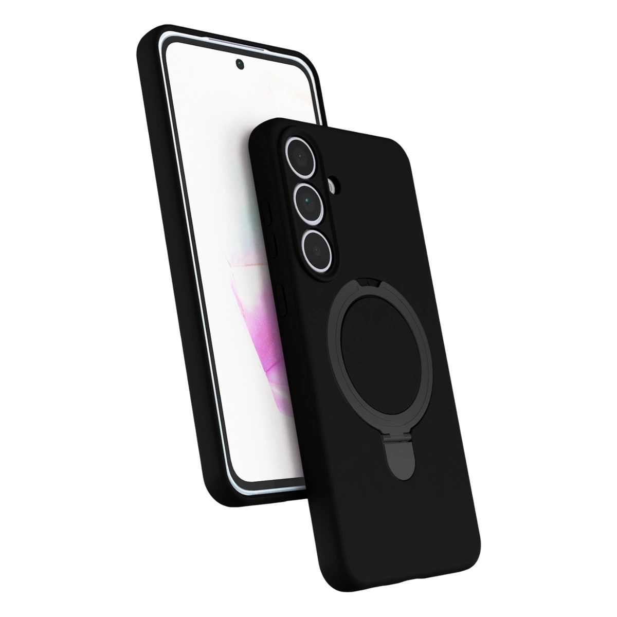 Üç kamera lensli ve halka tutuculu siyah telefon kılıfı.