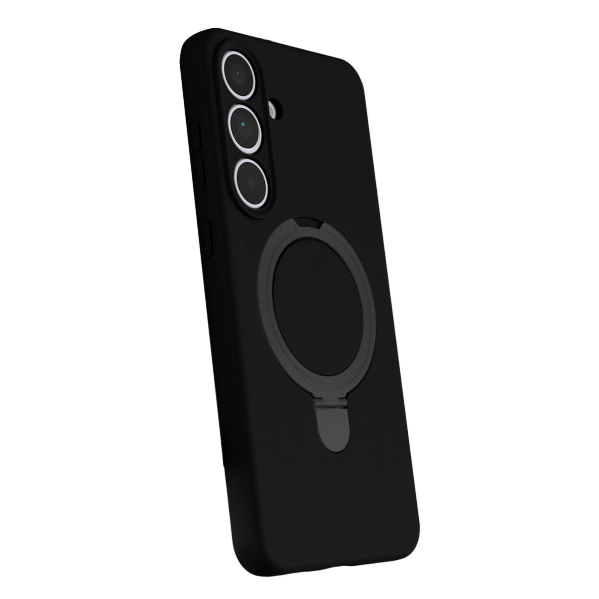 Üç kameralı ve halka tutuculu siyah telefon kılıfı.