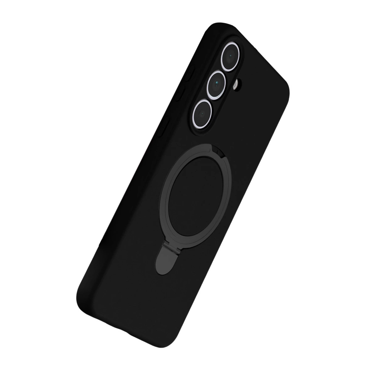 Arkada üç kamera ve halka tutuculu siyah telefon kılıfı.
