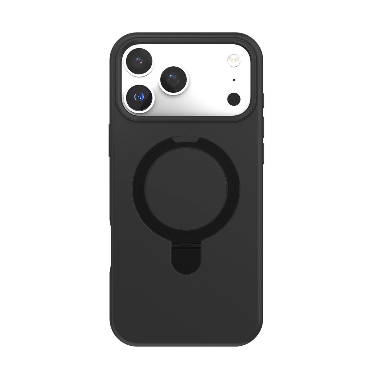 Üç kameralı, flaşlı ve dairesel manyetik şarj alanına sahip siyah iPhone kılıfı.