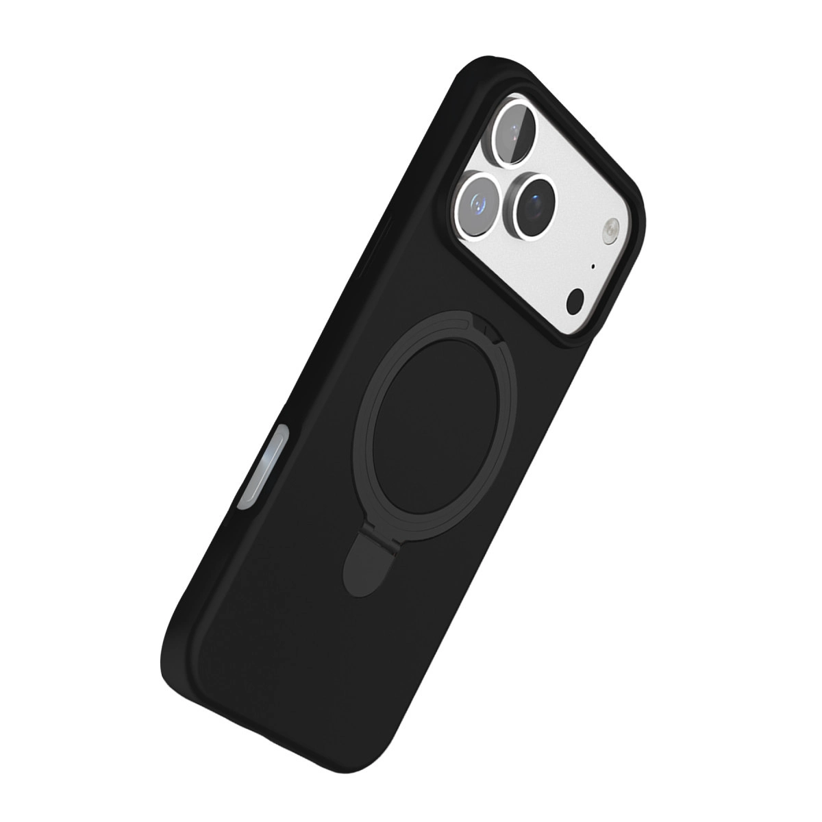 Halka tutuculu ve lensli siyah telefon kılıfı.
